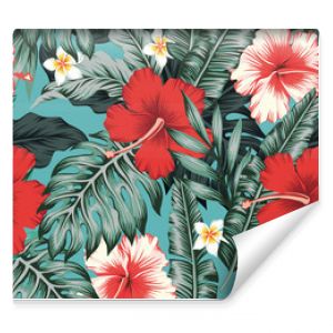 Piękne czerwone i białe egzotyczne kwiaty tropikalne Hibiscus plumeria frangipani i zielone palmowe liście paproci bananowej wektor p