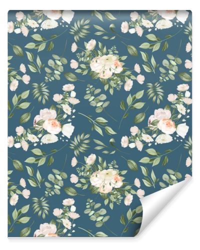 Seamless pattern of white flower bouquets and greenery, illustration on dark blue background