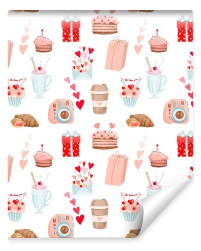 Seamless pattern of romantic food and bakery to Valentine's Day, hand drawn illustration on white background