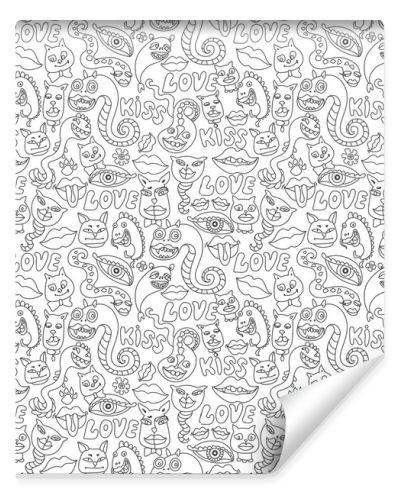 Seamless pattern of dragons, cat and dog faces, lips and Love. Hippie print, coloring book page for adults and children