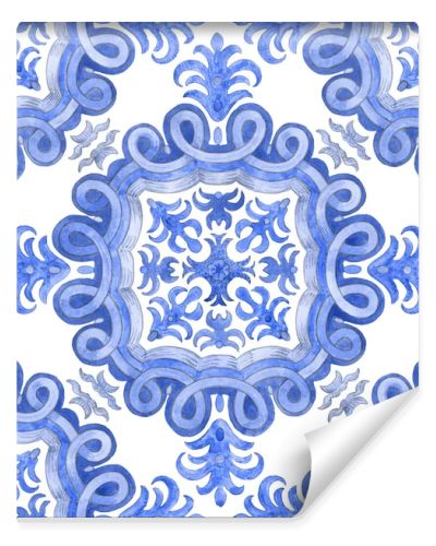 Seamless pattern of watercolor painted blue mosaic tiles with floral ornaments in Mediterranean majolica ceramic painting style on a white background. Wallpaper dcor, batik print