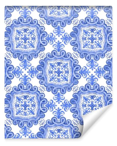 Seamless pattern of watercolor painted blue mosaic tiles with floral ornaments in Mediterranean majolica ceramic painting style on a white background. Wallpaper dcor, batik print