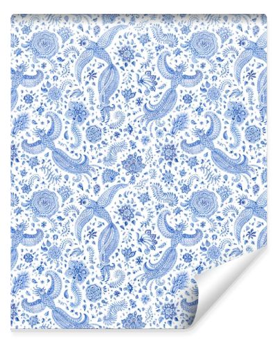 Floral seamless pattern of blue watercolor painted fantasy peacock bird, paisley elements, fairy tale flower, foliage on a white background. Textile print, wallpaper, wrapping paper