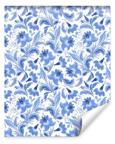 Floral seamless pattern in Ukrainian folk painting style Petrykivka. Blue flowers and leaves isolated on a white background