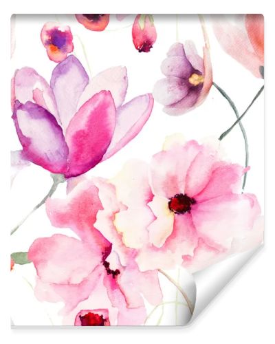 Watercolor seamless pattern with Pink flowers