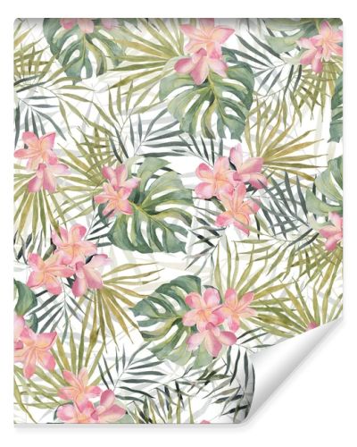 Strelitzia, palm tree, monstera leaves. Tropical exotic bright seamless pattern. Watercolor hand made botanical print. On white background. For summer beach textile, wallpaper, wrapping paper.