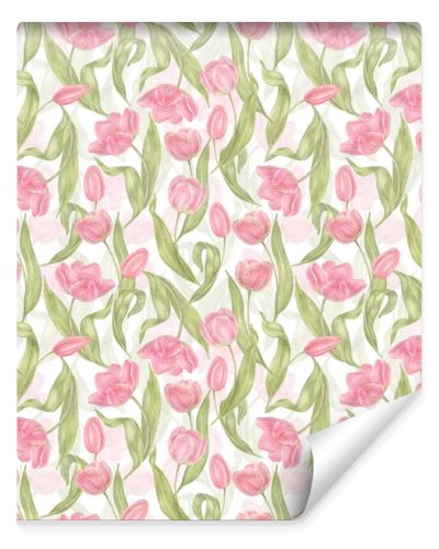 Watercolor hand drawn flowers tulips seamless pattern. Spring Botanical illustration. For background, greeting cards, invitation, birthday and mothers day, linen, wrapping paper, wallpaper, textile