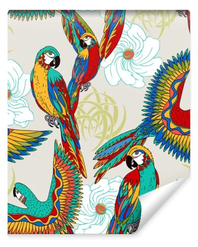 Vintage, colorful background with parrots, theme exotic beac