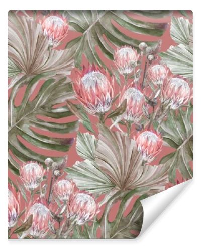 Boho Seamless watercolor pattern with herbarium and dried protea flowers