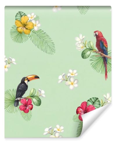 Watercolor toucan and parrot. Seamless pattern