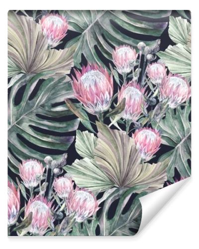 Seamless watercolor pattern with herbarium and dried protea flowers