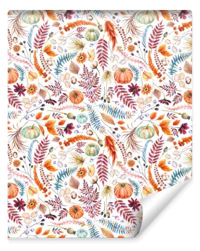 Autumn Floral Seamless Pattern. Watercolor orange, blue pumpkins. Rustic dried palm leaf, wild grass and field flowers, poppy heads, Lunaria, cotton, brown fern