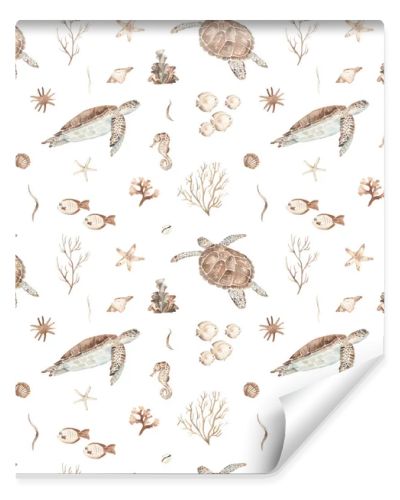 Watercolor seamless pattern with underwater brown world with sea turtles, seashells, fish, corals, sea stars, seashells on a white background