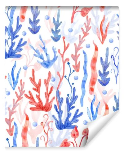 Watercolor seamless pattern with seaweeds and pearls on white background. Underwater plant hand painted illustration. Red and blue colors.