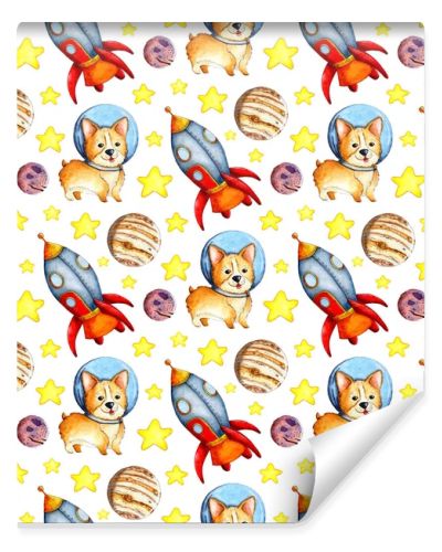 Watercolor illustration of a corgi pattern in space, planets, rocket and stars. Seamless repeating pattern of astronaut dogs. Puppy in a spacesuit. Isolated on white background. Drawn by hand.