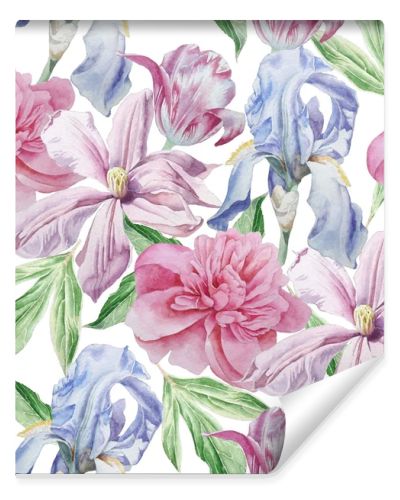 Seamless pattern with spring flowers. Peony. Clematis. Tulip. Iris. Watercolor.