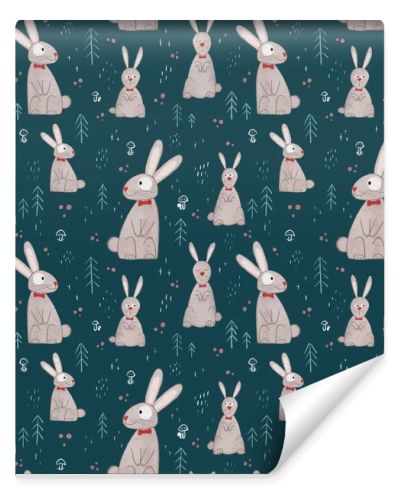 Seamless pattern with hares , mushrooms and other elements. A natural theme. The illustration is drawn by hand with curved lines in the kartun style. Design for fabric, clothing and other items.