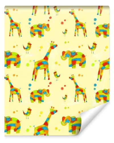 Seamless pattern with colorful animals, elephant, giraffe, birds.The illustration is drawn by hand, with curved lines. Design for clothing, fabric and other items.