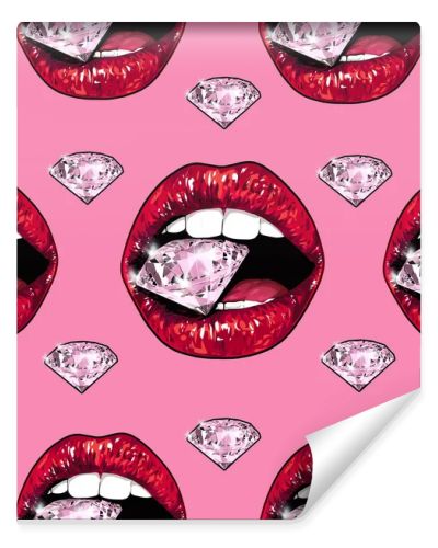 Bright lips holding a sparkling brilliant. Seamless pattern. Realistic graphic drawing. Background. Pink color