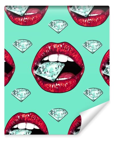 Bright lips holding a sparkling brilliant. Seamless pattern. Realistic graphic drawing. Background. Mint color