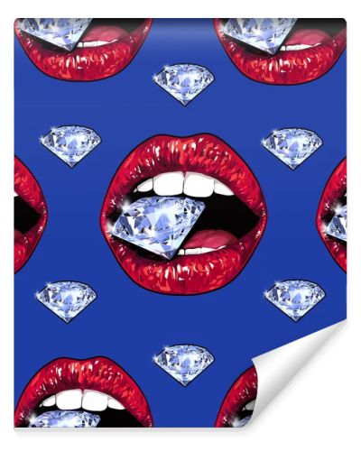 Bright red lips holding a sparkling brilliant. Seamless pattern. Realistic graphic drawing. Background. Blue color