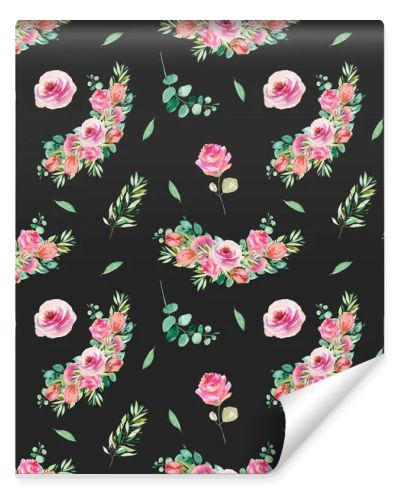 Floral seamless pattern of watercolor pink roses, greenery and eucalyptus branches, illustration on dark background