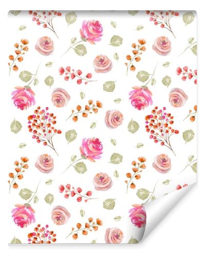 Watercolor tender pink roses and green rose leaves seamless pattern, illustration on white background