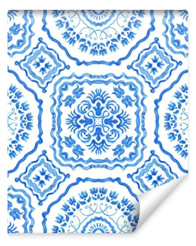 Watercolor painted indigo blue damask seamless pattern on a white background.Spanish tile with hand drawn Baroque and floral ornaments in Mediterranean majolica ceramic painting style. Batik wallpaper