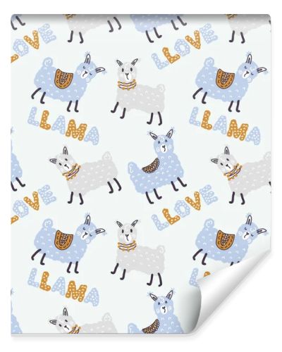 Pastel colored seamless pattern of lamas and text LLAMA LLOVE. Perfect for T-shirt, textile and prints. Hand drawn illustration for decor and design.