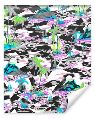 seamless multi color bright active hawaiian tropical summer pattern with palms, mountains, boats