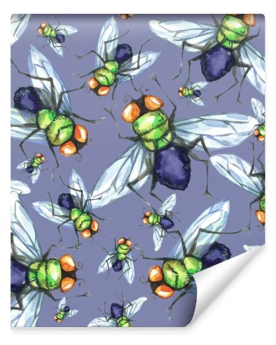 Watercolor seamless pattern, flock of flies. Halloween holiday illustration. Funny insects. Grunge background. Can be use in design, posters, invitations, card.