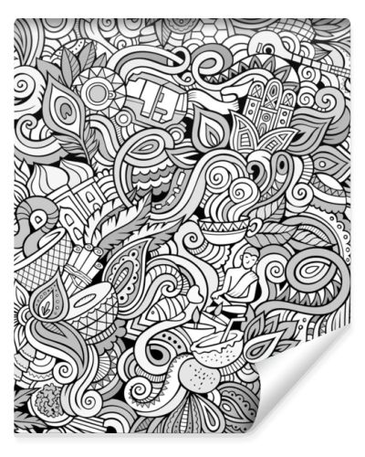 Cartoon cute doodles hand drawn Indian culture seamless pattern