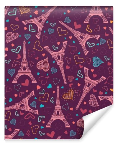 Vector Pink Eifel Tower Paris Seamless Repeat Pattern Surrounded By St Valentines Day Hearts Of Love. Perfect for travel themed postcards, greeting cards, wedding invitations.