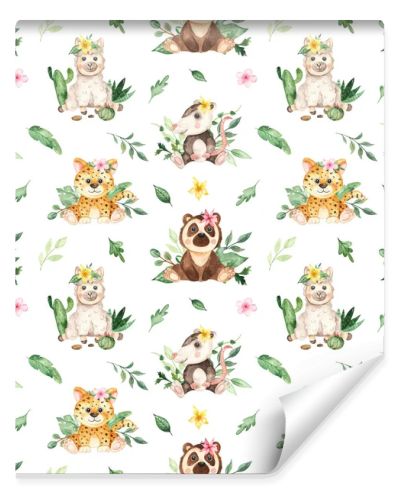 Cute animal jungle kids in tropical plants on a white background. Watercolor seamless pattern