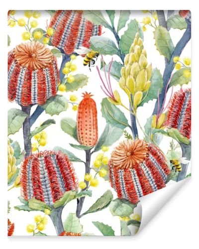 Watercolor australian banksia floral pattern