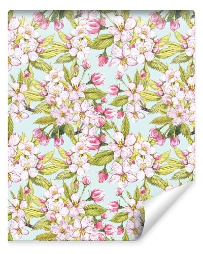 Apple flowers hand drawn seamless pattern watercolor illustration.