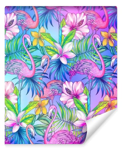 seamless pattern with tropical florals and flamingo.