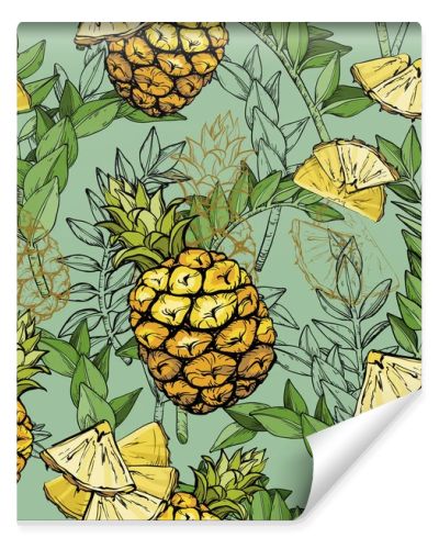 Seamless Pattern with Pineapples and Tropical Leaves