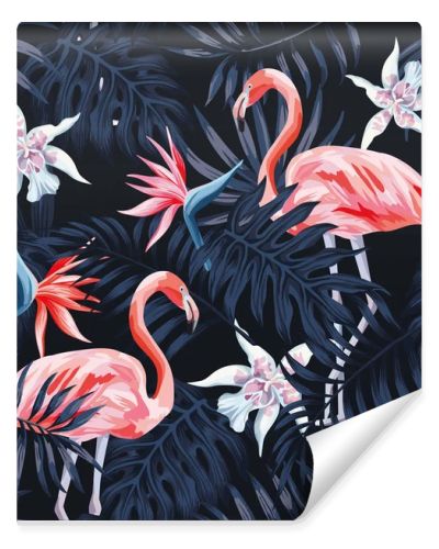 flamingo strelitzia palm leaves dark background pattern