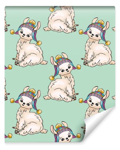 Seamless pattern with the image of cute llamas in doodle style. Colorful vector background