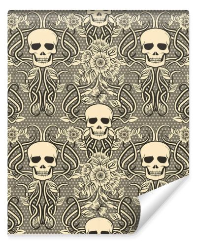 Seamless pattern with skull and flowers in art nouveau style, vector illustration