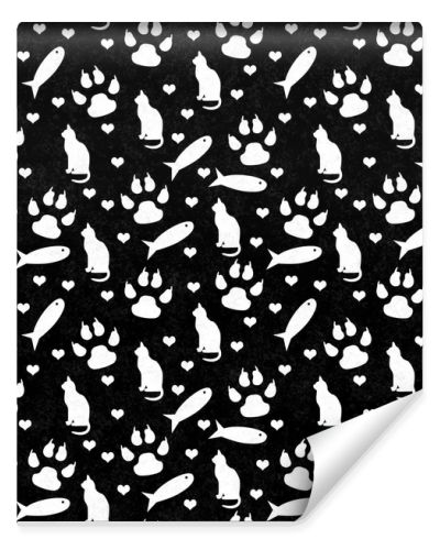 Black and white cat,  paw prints, fish, and hearts seamless and repeat pattern background with texture