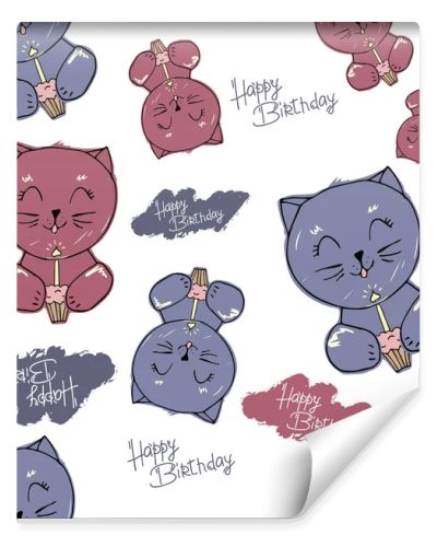 Vector cute cat and elements seamless pattern, isolated on white. cat blows out the candle on the cupcake. hand written Happy Birthday. children's style. wallpaper, wrapping paper, printing on fabric, clothes. background