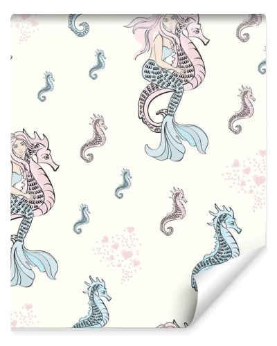 Wedding Birthday Holiday Party Merry Christmas New Year Seamless Pattern MERMAID SEAHORSE PATTERN Color Vector Illustration