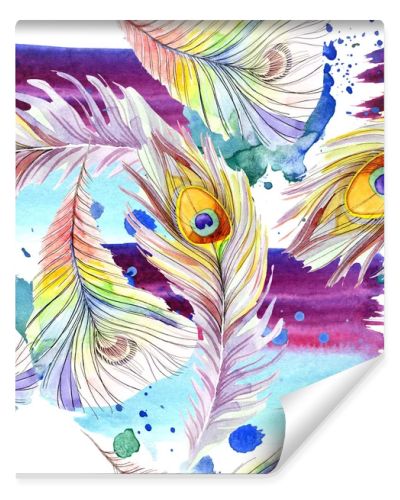 Colorful bird feather from wing isolated. Watercolor background illustration set. Watercolour drawing fashion aquarelle isolated. Seamless background pattern. Fabric wallpaper print texture.