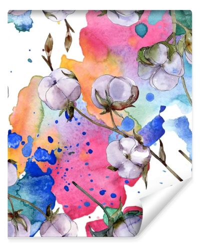 Cotton flowers. Watercolor background illustration set. Seamless background pattern. 