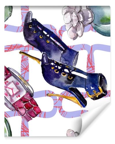 Parfume, watch, shoes and bag sketch fashion glamour illustration in a watercolor style. Watercolour clothes accessories set trendy vogue outfit. Aquarelle fashion sketch for seamless pattern.