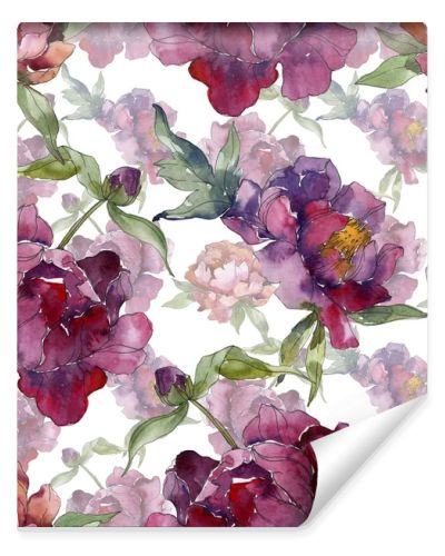 Purple peonies watercolor illustration set. Seamless background pattern. Fabric wallpaper print texture.