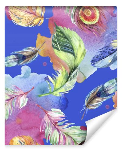 Colorful bird feather from wing. Watercolor background illustration set. Watercolour drawing fashion aquarelle isolated. Seamless background pattern. Fabric wallpaper print texture.