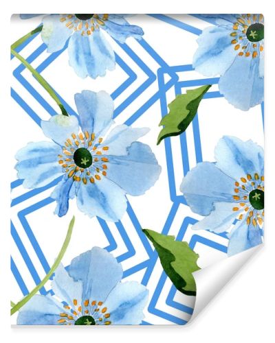 Beautiful blue poppy flowers with green leaves isolated on white. Watercolor background illustration. Watercolour aquarelle. Seamless background pattern. Fabric wallpaper print texture.